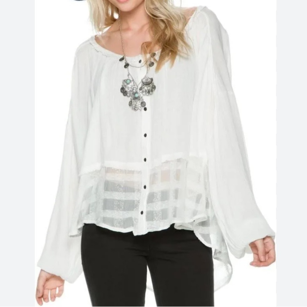 Free People White Semi-Sheer Relaxed Fit Oversized Button Down Blouse Size L